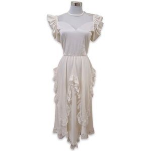 Vintage 1970s White Designer Dress, 70s ruffles & lace dress,